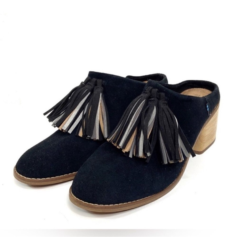 TOMS Leila black suede tassel mules size 8 LIKE NEW - Picture 3 of 10
